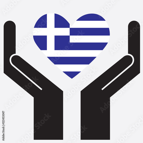 Hand showing Greece flag in a heart shape. Vector illustration.