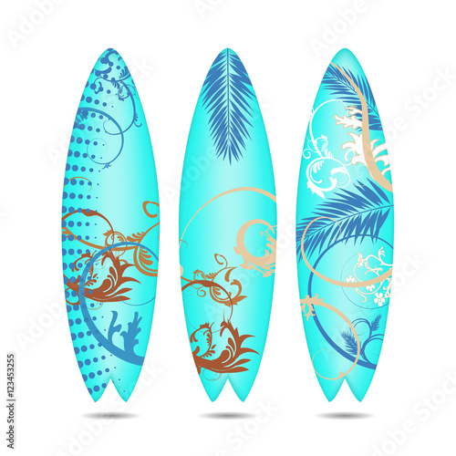 surf board design collection with palm leaf, vintage flowers o