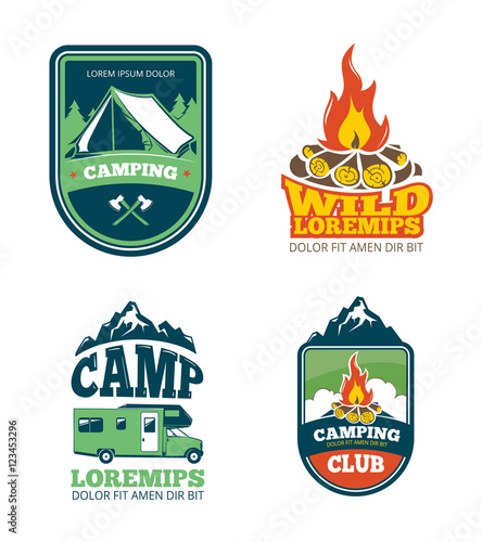 Outdoor adventure camp, hiking camping vector labels, emblems, logos, badges