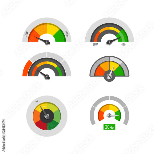 Speedometer indicators gauges low, moderate and high measurement levels vector stock