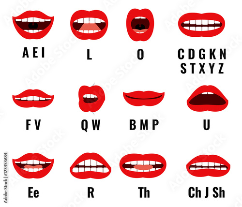 Cartoon character mouth and lips sync for sound pronunciation. Vector set animation frames
