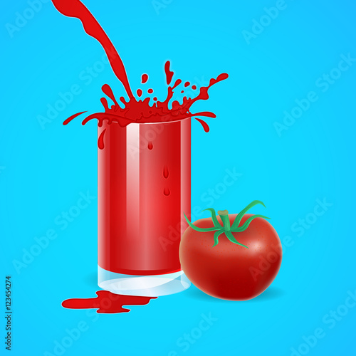 realistic glass with falling juice and the tomato vegetable on b