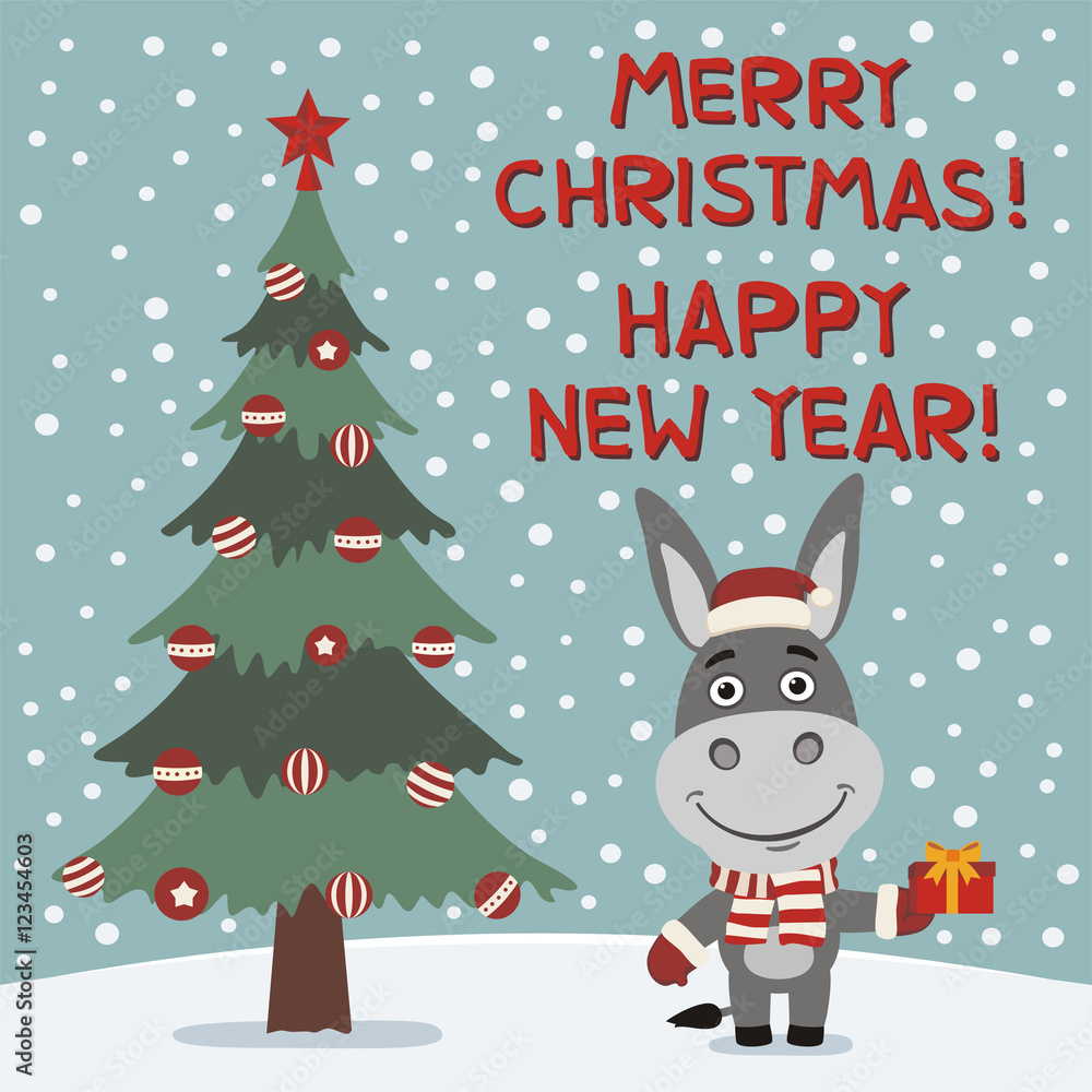 Merry Christmas and Happy New year! Funny donkey with gift near Christmas tree. Card in cartoon style. Stock Vector | Adobe Stock Merry Christmas and Happy New year! Funny donkey with gift near Christmas tree. Card in cartoon style. Stock Vector | Adobe Stock