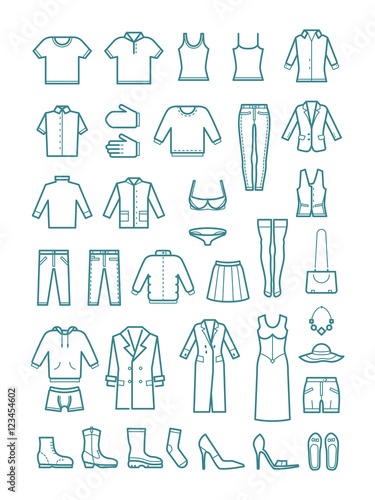 Mens and womens clothes thin line vector icons