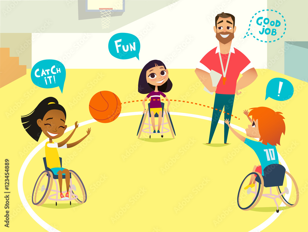 School lesson. Handicapped Kids. Boys and girls in wheelchairs playing baseball in a gum. Coaching handicapped young sportsmen's. Medical rehabilitation. Vector Illustration. School lesson. Handicapped Kids. Boys and girls in wheelchairs playing baseball in a gum. Coaching handicapped young sportsmen's. Medical rehabilitation. Vector Illustration.
