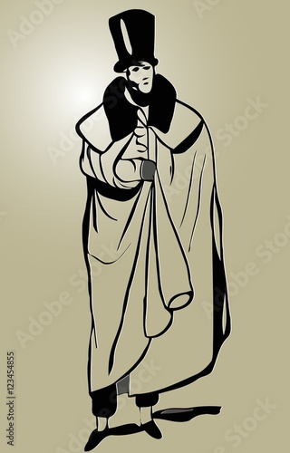 the men of the eighteenth century, a sketch in  fur coat, hat  on his head