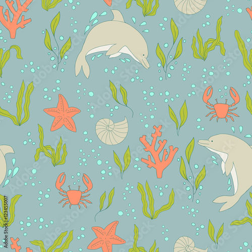 Vector seamless pattern. Hand-drawn doodle set of sea life