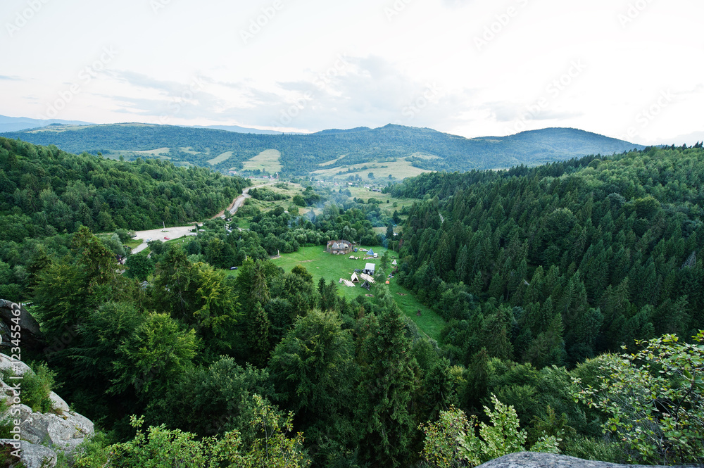 Tustan fortress ruins of rocks at Carpathian Ukraine. View on ca Tustan fortress ruins of rocks at Carpathian Ukraine. View on ca