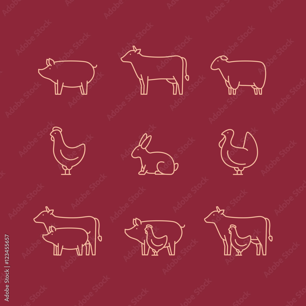 Farm animal outline icon set. Pig, cow, lamb, chicken, turkey, rabbit. Icon for butcher shop. Vector illustration.