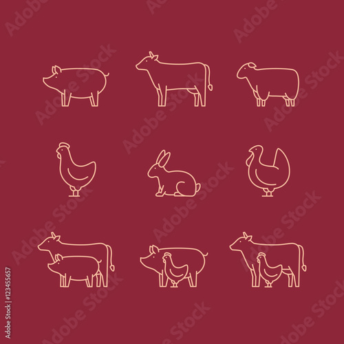 Farm animal outline icon set. Pig, cow, lamb, chicken, turkey, rabbit. Icon for butcher shop. Vector illustration.