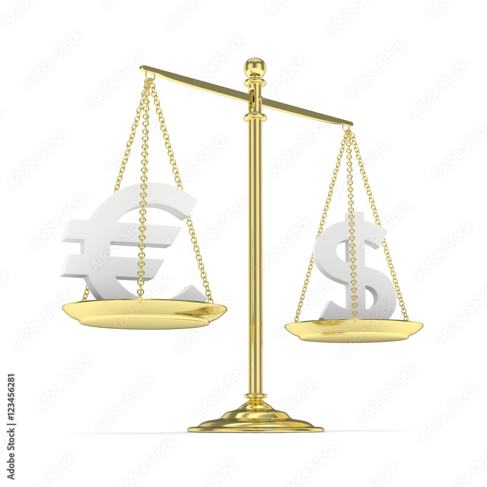 Isolated golden scales with silver dollar and euro currency. American and european finance. Measuring of market stability. 3D rendering. Isolated golden scales with silver dollar and euro currency. American and european finance. Measuring of market stability. 3D rendering.