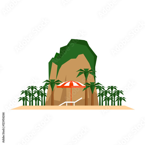 Beach vacation concept. Chaise longue, beach umbrella and tropical island landscape. Flat style, vector illustration.