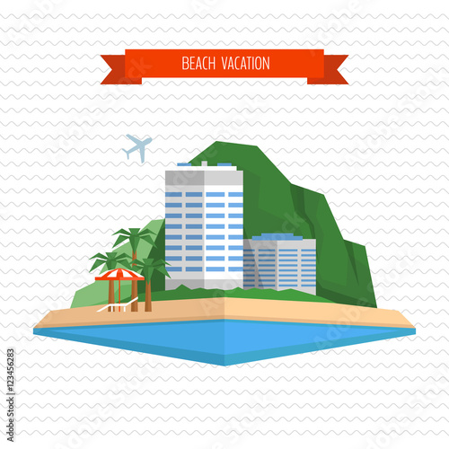 Beach vacation concept. Chaise longue, beach umbrella, hotel and tropical island landscape. Flat style, vector illustration.