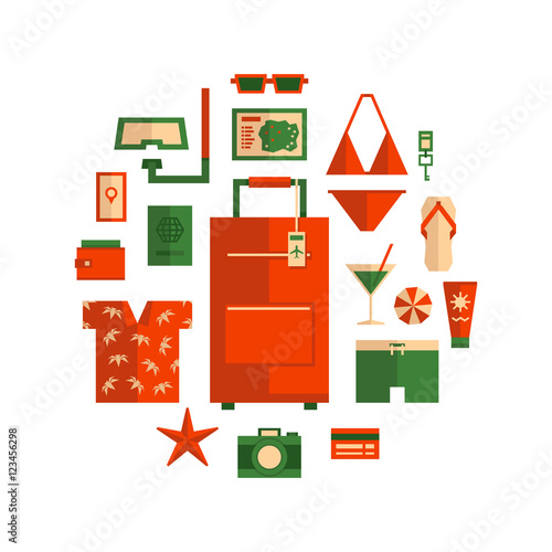 Beach vacation object set. Things for summer travel. Traveling, tourism, vacation icons set. Flat style, vector illustration.