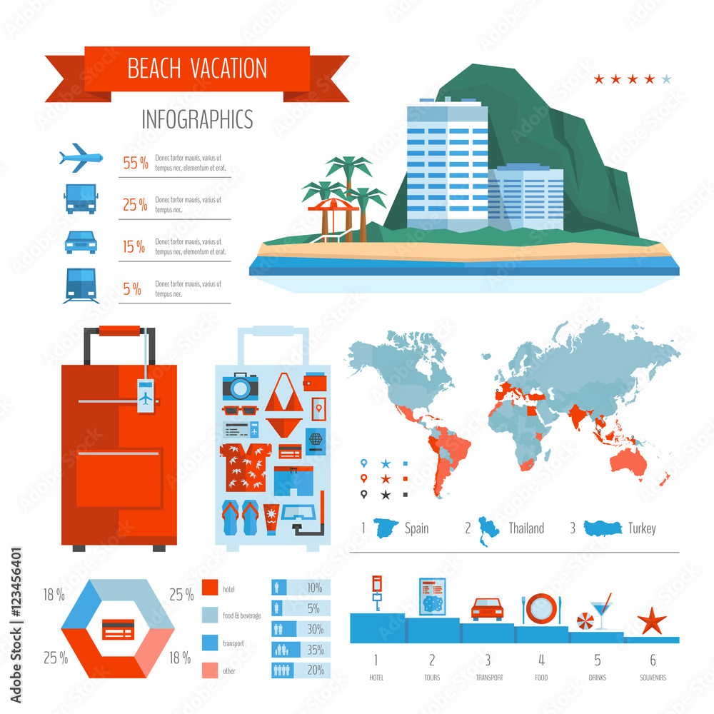 Beach vacation infographics. Summer travel and tourism planning. Beach vacation infographics. Summer travel and tourism planning.