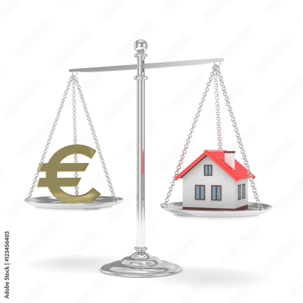 Isolated silver scales with golden euro and house on white background. Investment or savings concept. Real estate and currency. 3D rendering. Isolated silver scales with golden euro and house on white background. Investment or savings concept. Real estate and currency. 3D rendering.
