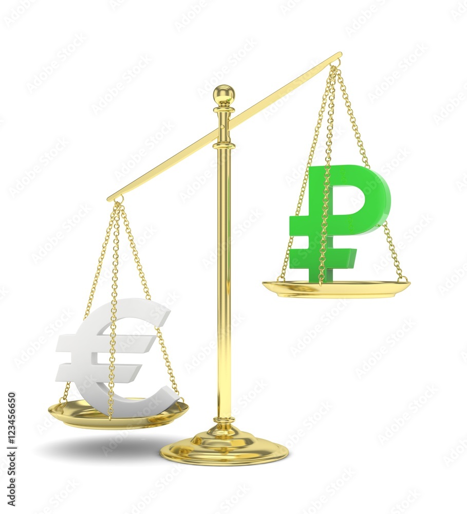 Isolated golden scales with silver euro and green ruble currency. Russian and european finance. Measuring of market stability. 3D rendering. Isolated golden scales with silver euro and green ruble currency. Russian and european finance. Measuring of market stability. 3D rendering.