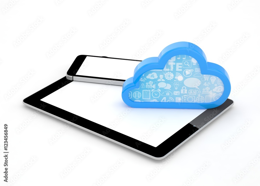 tablet pc, smart phone and cloud. 3d rendering. tablet pc, smart phone and cloud. 3d rendering.
