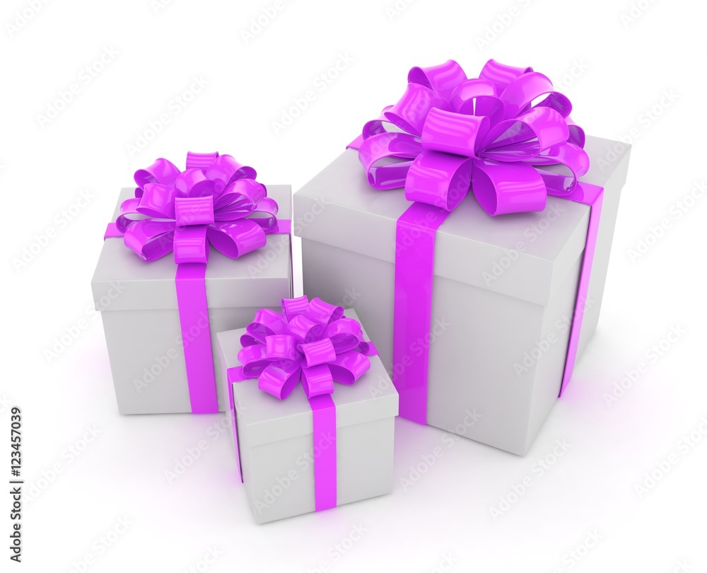 Obraz premium three gift boxes with bows isolated on white. 3d rendering.