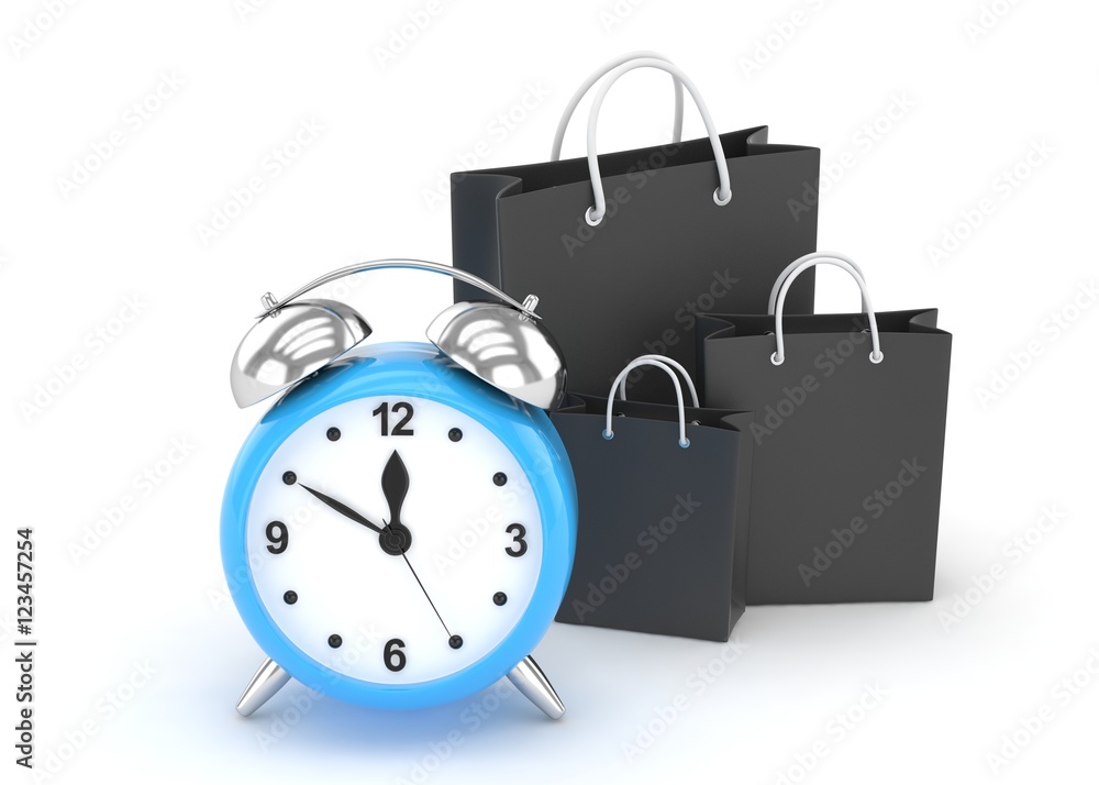 alarm clock and shopping bag (time to buy concept). 3d rendering. alarm clock and shopping bag (time to buy concept). 3d rendering.