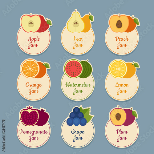 Fruits icon set. Labels with fruits. Flat style, vector illustration.