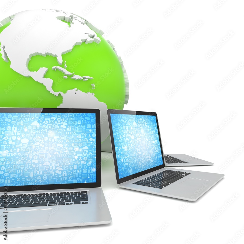 Laptop network around earth globe. 3d render Laptop network around earth globe. 3d render