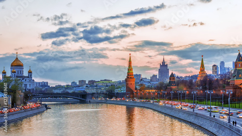 Moscow Kremlin and Kremlin embankment at sunset