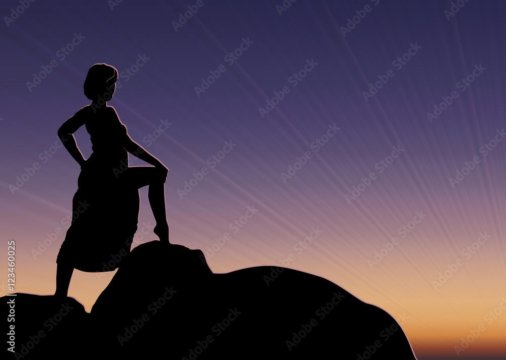 Vector girl silhouette on the sunset. Girl stand on rock.