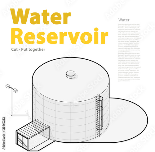 Water tank, outlined cistern. Water treatment isometric building info graphic element. Rounded gasometer, big gasholder, white background. Pictogram industrial reservoir set. Isolated master vector.