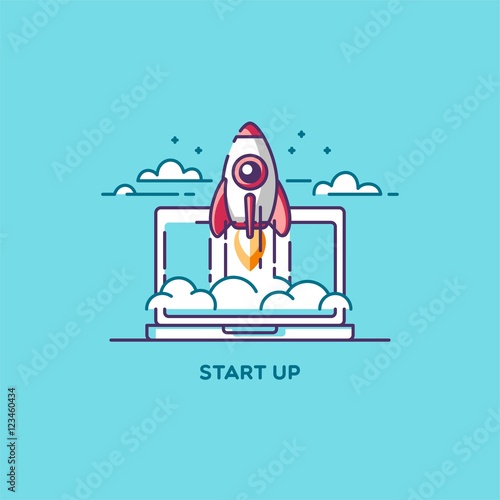 Start Up. Line flat design vector illustration concept of new business project, development and launch a innovation product on a market.