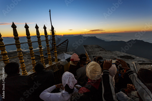 Sri Lanka, Southern Asia - February 14, 2015: Sunrise greeted pilgrims on the holy mount Adams Peak ( also Sri Pada ) is the most popular pilgrim place in Sri Lanka