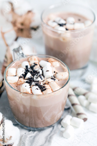 Two glass cups of hot cocoa served with marshmallow – close up