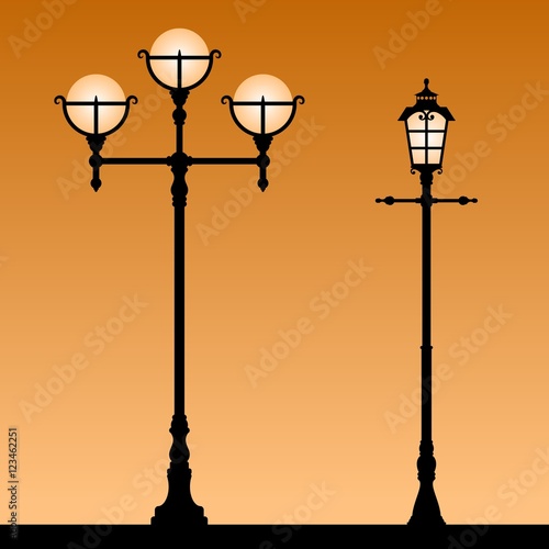 Vintage street light. Black silhouettes of the retro lanterns. Vector illustration.
