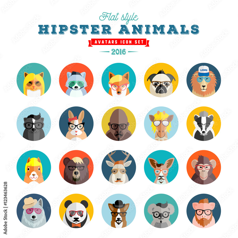 Flat Style Hipster Animals Avatar Vector Icon Set for Social Media or Web Site. Fauna Portraits. Mammals Faces. Flat Style Hipster Animals Avatar Vector Icon Set for Social Media or Web Site. Fauna Portraits. Mammals Faces.