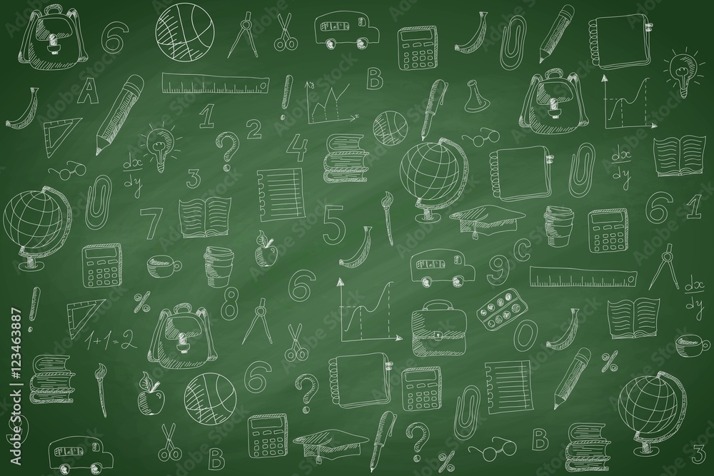 School pattern on green chalkboard background, vector illustration.