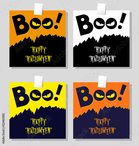 Set of Halloween banner: title Boo and black monster with scary face looks out of the darkness. Vector illustration in cartoon style. Concept design poster, flyer or ticket on holiday party.