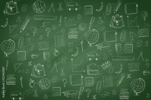 School pattern on green chalkboard background, vector illustration.