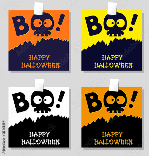 Set of funny holiday banner: title Boo from slull sleleton and Happy Halloween from bones letters. Vector illustration in cartoon style. Concept design poster, flyer or ticket on party. photo