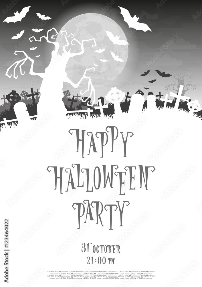 Halloween background. Silhouette scary monsters trees on old cemetery backdrop moon, bats and graves. Concept for banner, poster, flyer, cards or invites on party. Cartoon style. Vector illustration