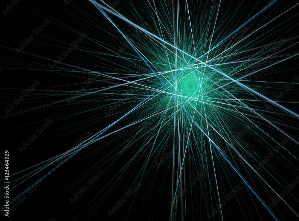 Computer generated fractal illustration of light beams in cold green colors, decoration on black background Computer generated fractal illustration of light beams in cold green colors, decoration on black background