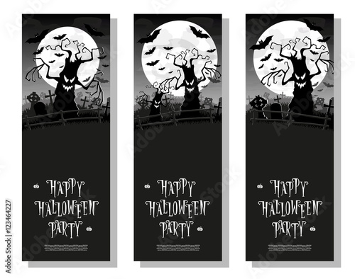 Set Halloween banners. Scary monsters trees on old cemetery backdrop moon, bats and graves. Design for poster, cards or invites on party. Cartoon style. Vector illustration. Vertical orientation.