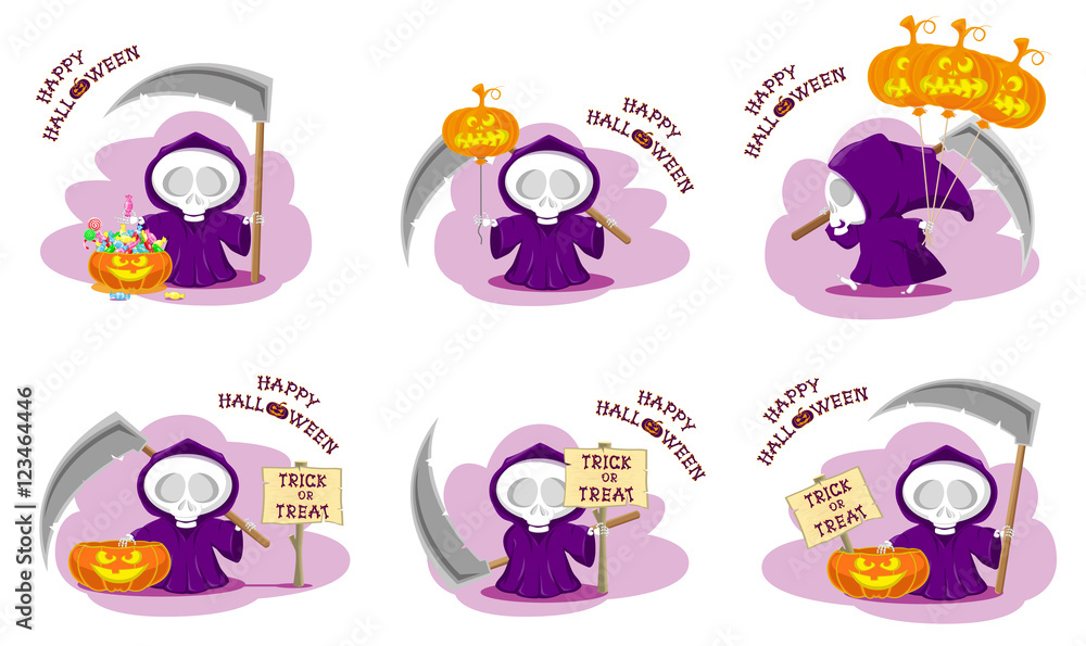Set of funny little death in different poses with a large scythe, pumpkin, candy and title Happy Halloween isolated on white background. Cartoon style. Vector illustration