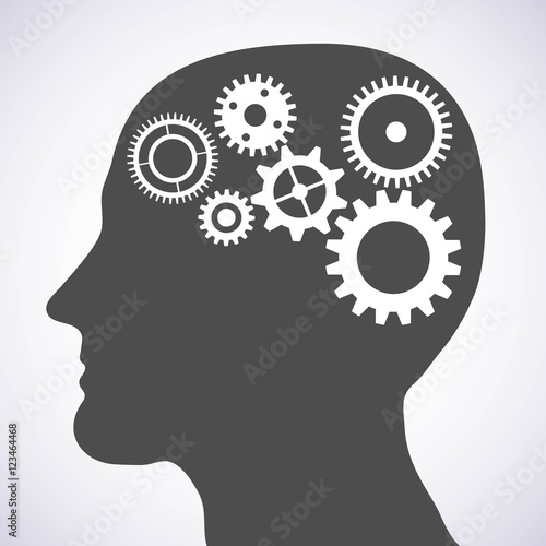 Vector illustration of head silhouette with gears mechanism as brains.