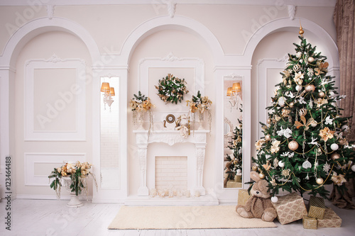 Majestic white hall with classical fireplace, arches and mirrors. At the wall Christmas wreath. New Year tree stands in the corner of room. 