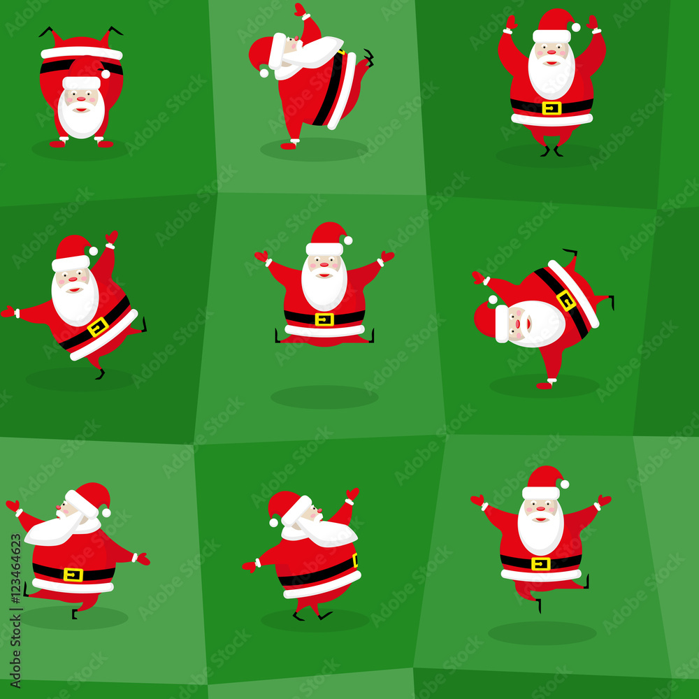 Seamless Happy New Year and Merry Christmas background dancing funny Santa Claus in different poses. Vector illustration