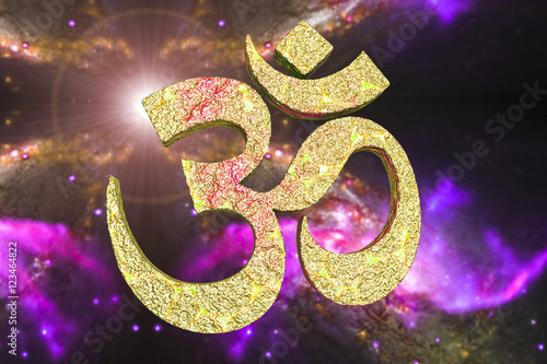 Hindu word reading Om or Aum symbol on space background, 3D illustration. It is a spiritual icon and a sacred sound in Indian religions, a mantra in Hinduism, Buddhism and Jainism photo
