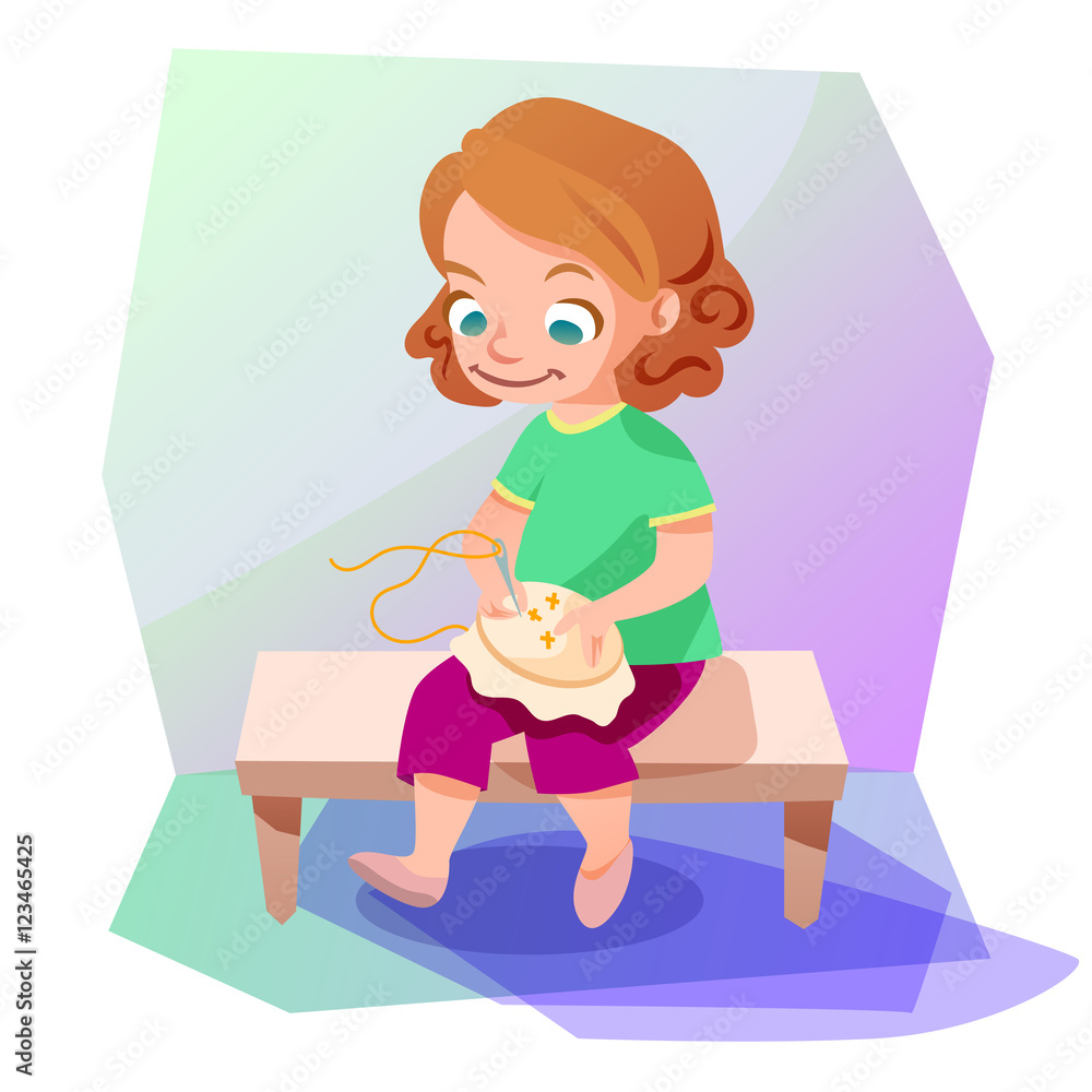 Girl doing a cross stitching vector illustration
