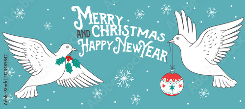 New Year Invitation Card With White Doves, Christmas Ball, Snowflakes And Christmas Holly Branch. Vector Illustration. New Year Invitation Card Design. New Year Invitation Card Template. Card Sample.