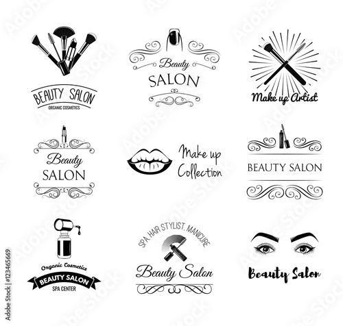 Beauty salon Set of Labels and Badges. Lips, Lipstick, Mascara , Eyelashes, Eye Brows, Nails, Manicure, Makeup, Vector Illustration. MakeUp Artist Shop