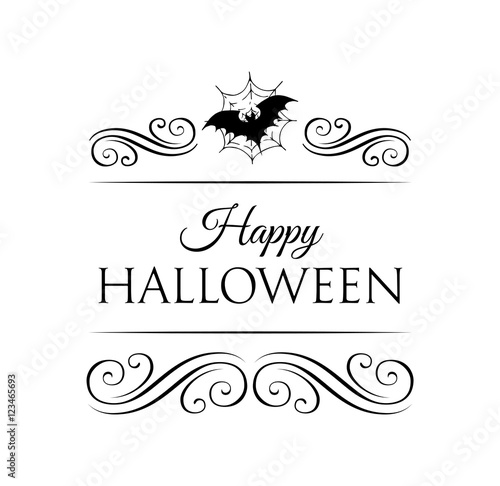 Bat And spider Web. Happy Halloween Badge. Vector Illustration. Decorated with Curls, swirls, ornament, filigree.
